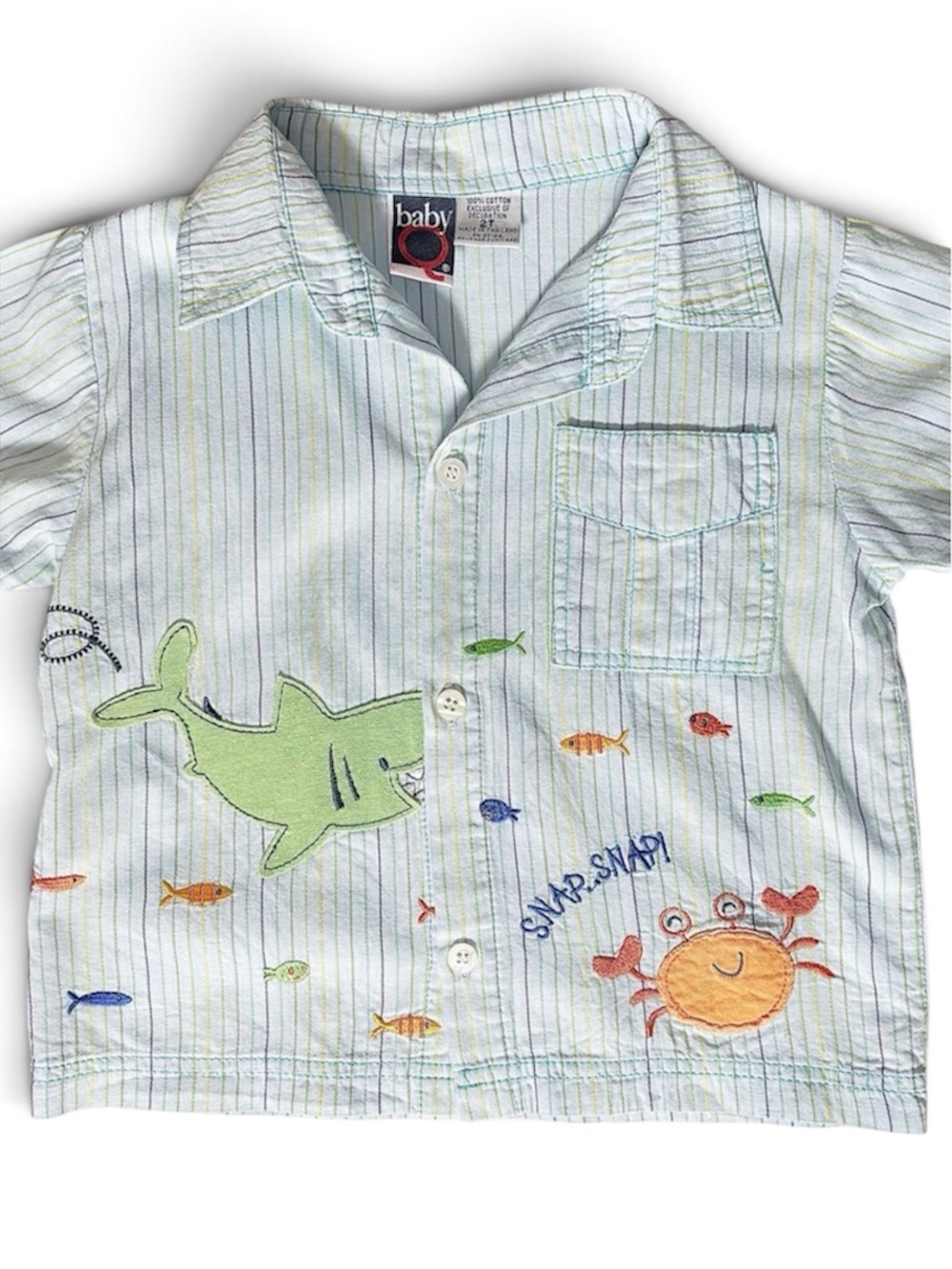 Vintage Baby Q Shark & Crab Embroidered Striped Resort Shirt Pastel Vacation